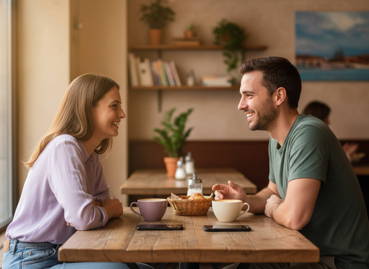 Why Instagram Activity Is Not Proof of Trust: Two people having a genuine face-to-face conversation at a coffee shop table...