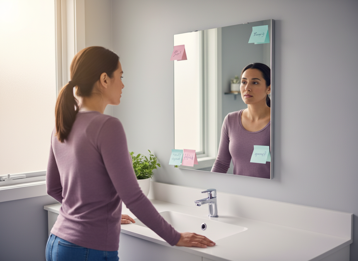 When Your Crush Follows Someone New: A person standing in front of a bathroom mirror, looking at their own reflection