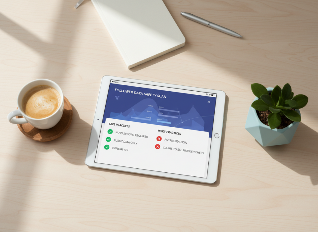 What Data Can Follower Trackers Actually See: A clean, organized workspace scene from above showing a tablet