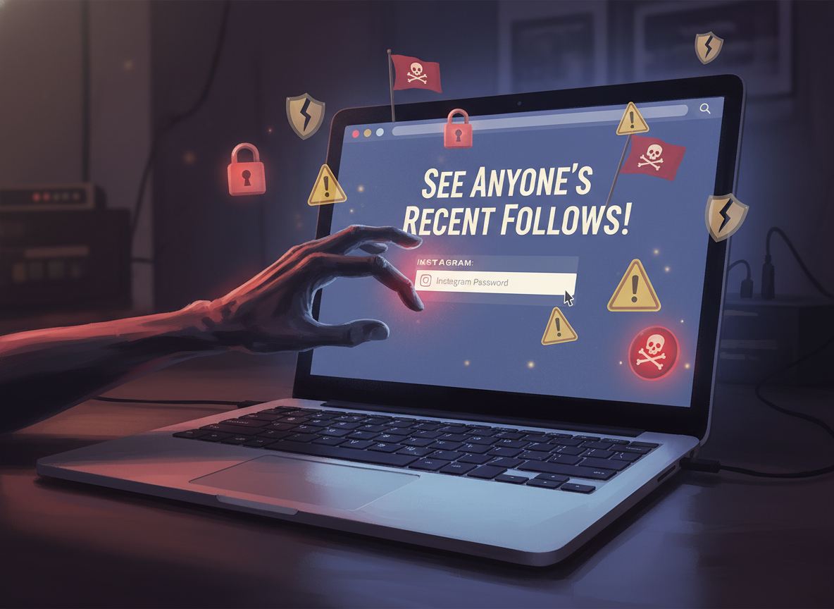 Are Recent Follow Alerts on Instagram Real: Dark moody illustration of a laptop screen displaying a suspicious website promi