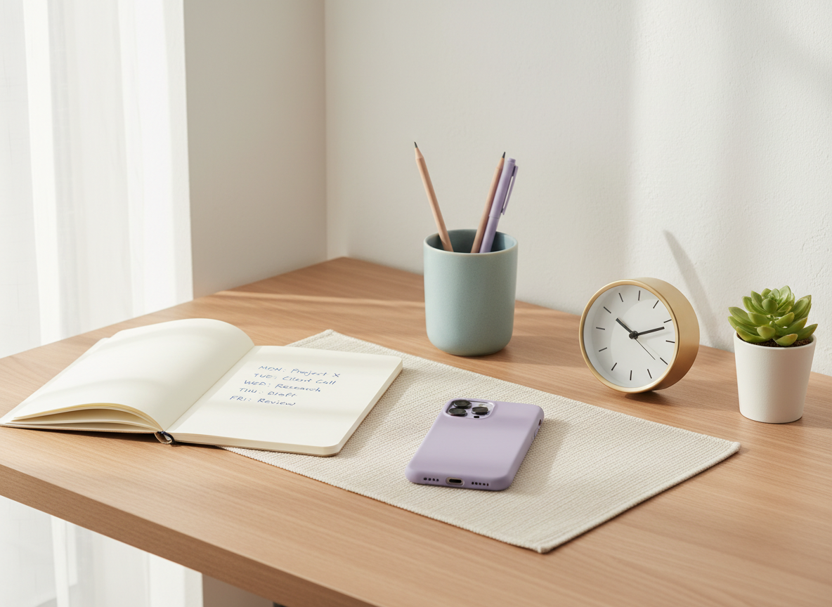 When Instagram Checking Becomes a Red Flag: A clean, organized desk scene showing a smartphone placed face-down next to a sm