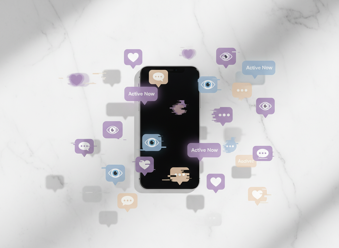 Why Instagram Activity Is Not Proof of Trust: A flat lay overhead view of a smartphone surrounded by floating semi-transpa...
