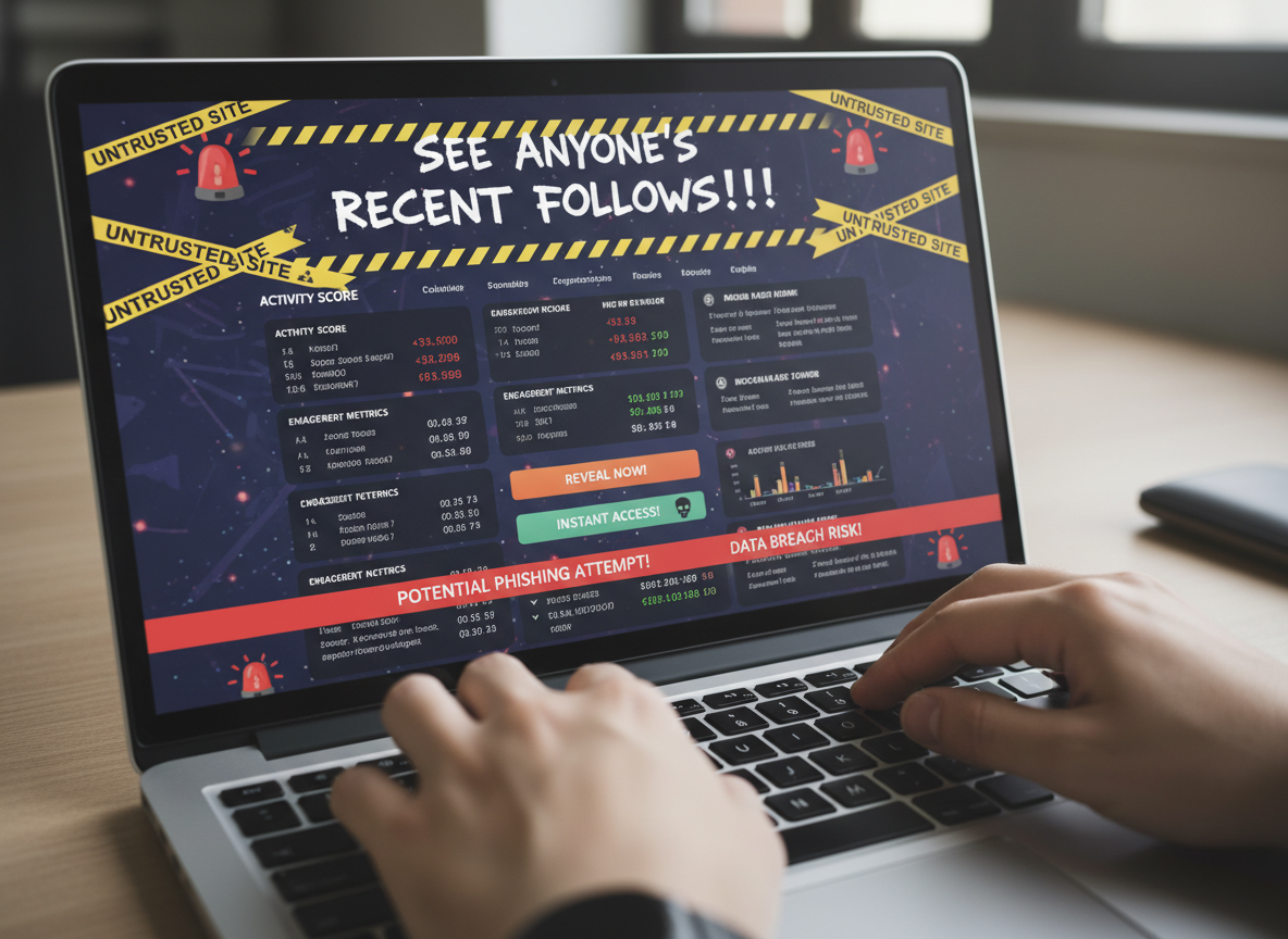 Can You See Who Someone Recently Followed: A laptop screen displaying a suspicious website with flashy promises like 'See A