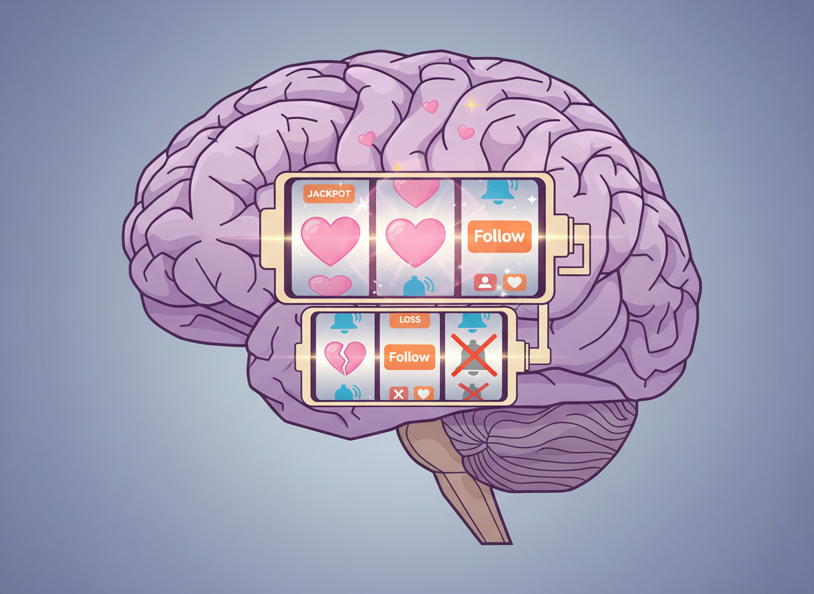 Why You Obsess Over Who Your Crush Follows: Conceptual illustration showing a human brain with slot machine mechanics integr