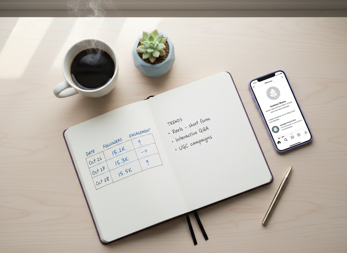 Can You See Your Recent Unfollowers: An overhead flat-lay photo of a minimalist workspace showing someone tracking so
