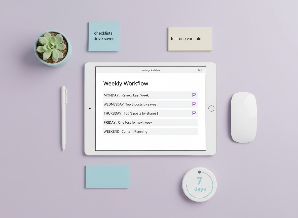 Instagram Analytics Reports to Boost Engagement: A stylized flat-lay showing a simple weekly workflow system for Instagram...