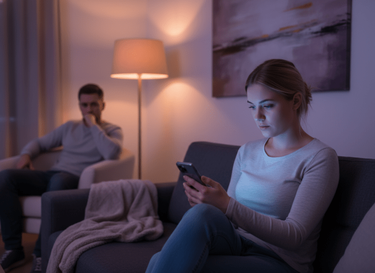 Why Your Girlfriend Hid Her Instagram Stories: A young woman sitting on a couch in a dimly lit living room, subtly angling...